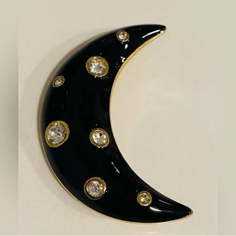 Vintage Christian Dior Black Enamel Crystal Crescent Moon Brooch 399$